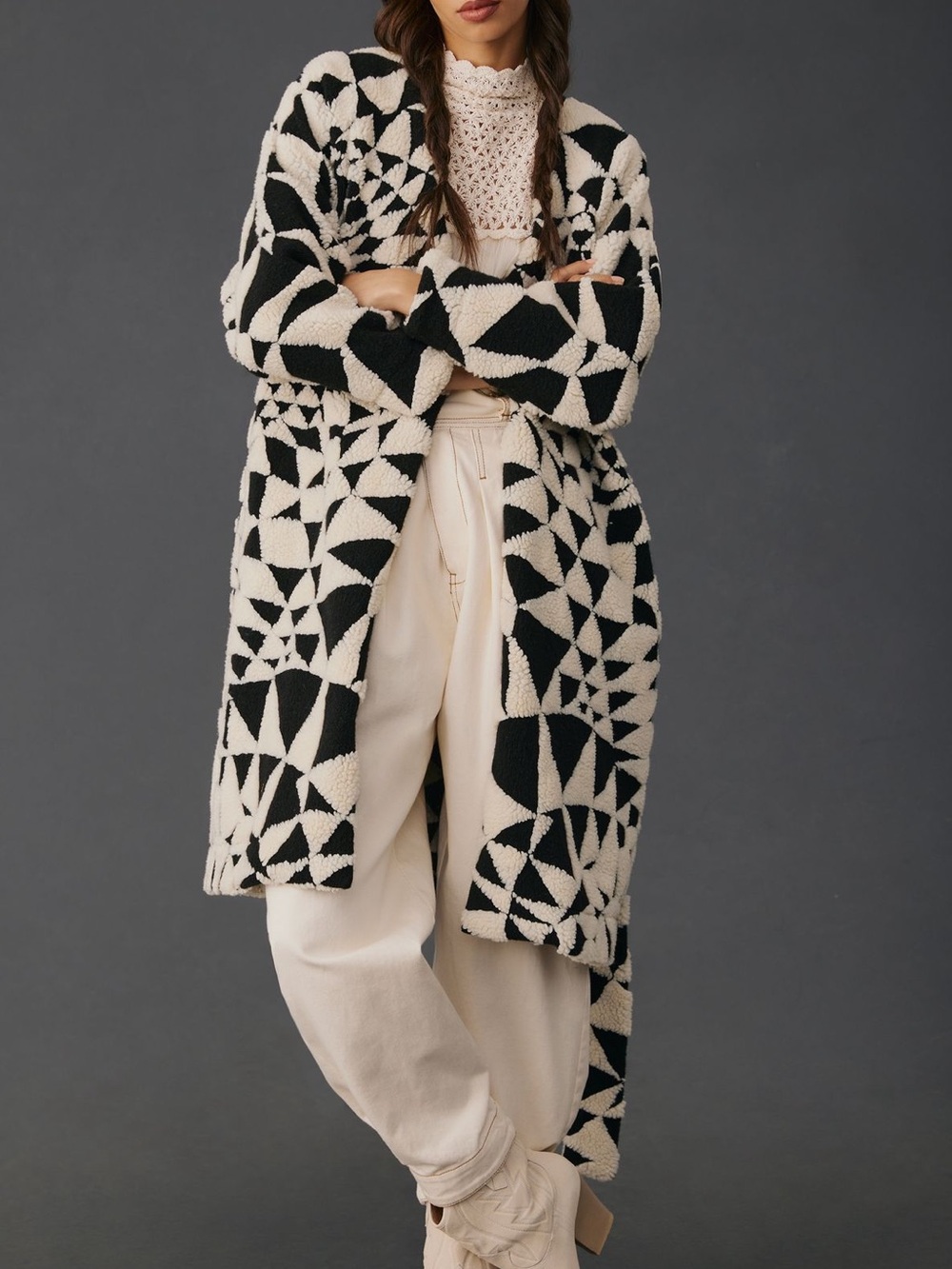 FARM Rio Heart Deco Black Cream Wrap Cardigan Sweater Coat | Belted | Medium